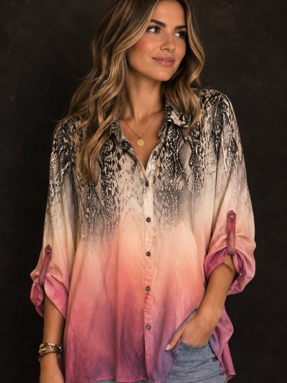 NY Collection snake print ombre button up blouse size L